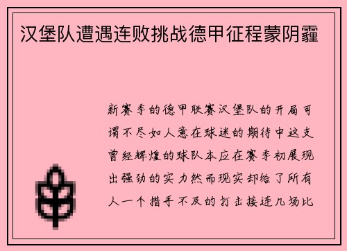 汉堡队遭遇连败挑战德甲征程蒙阴霾