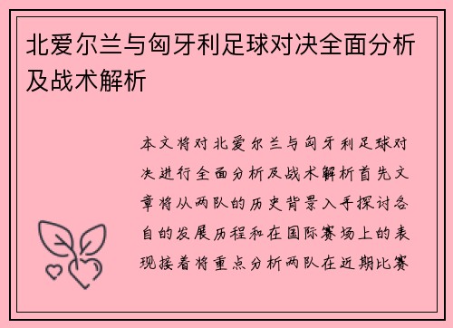 北爱尔兰与匈牙利足球对决全面分析及战术解析