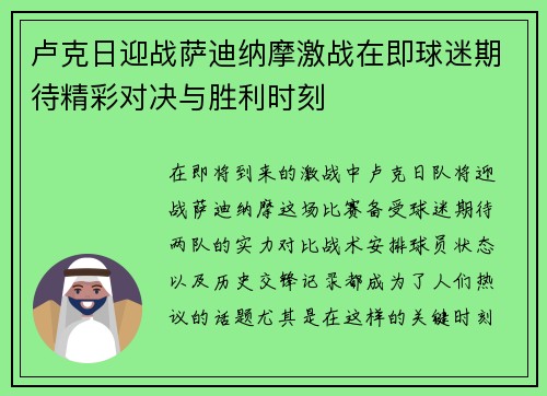 卢克日迎战萨迪纳摩激战在即球迷期待精彩对决与胜利时刻